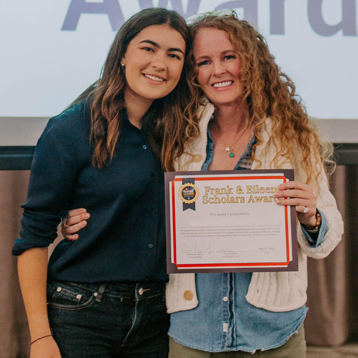 Foundation founder Audrey McLoghlin with a student receiving a Frank & Eileen Scholars Award.