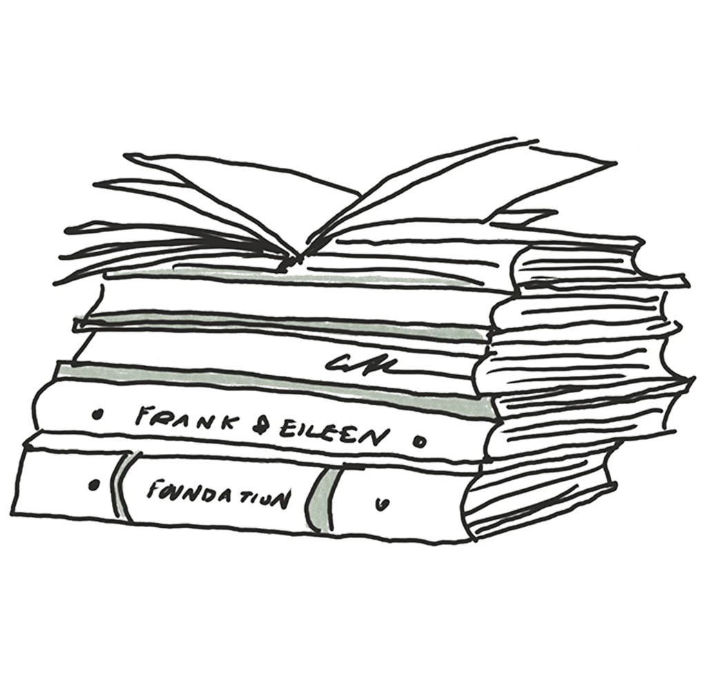 Hand-drawn illustration of stacked books labeled “Frank & Eileen” and “Foundation” with an open book on top.