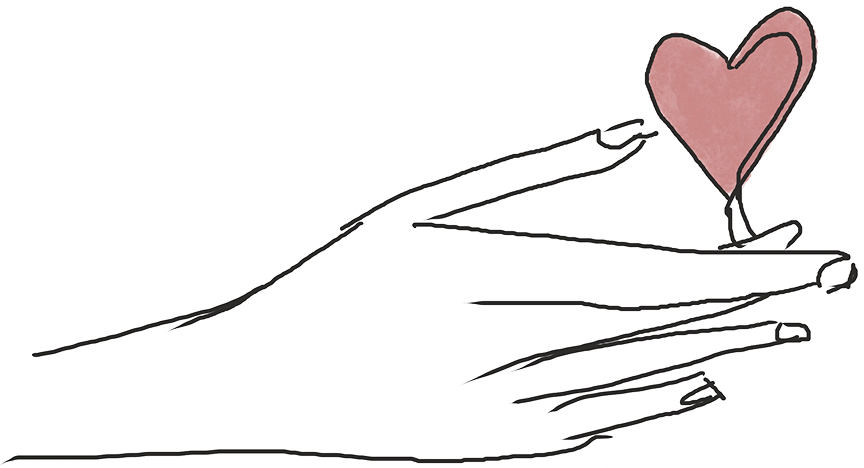 Illustration of an outstretched hand holding a pink heart, symbolizing giving and support.