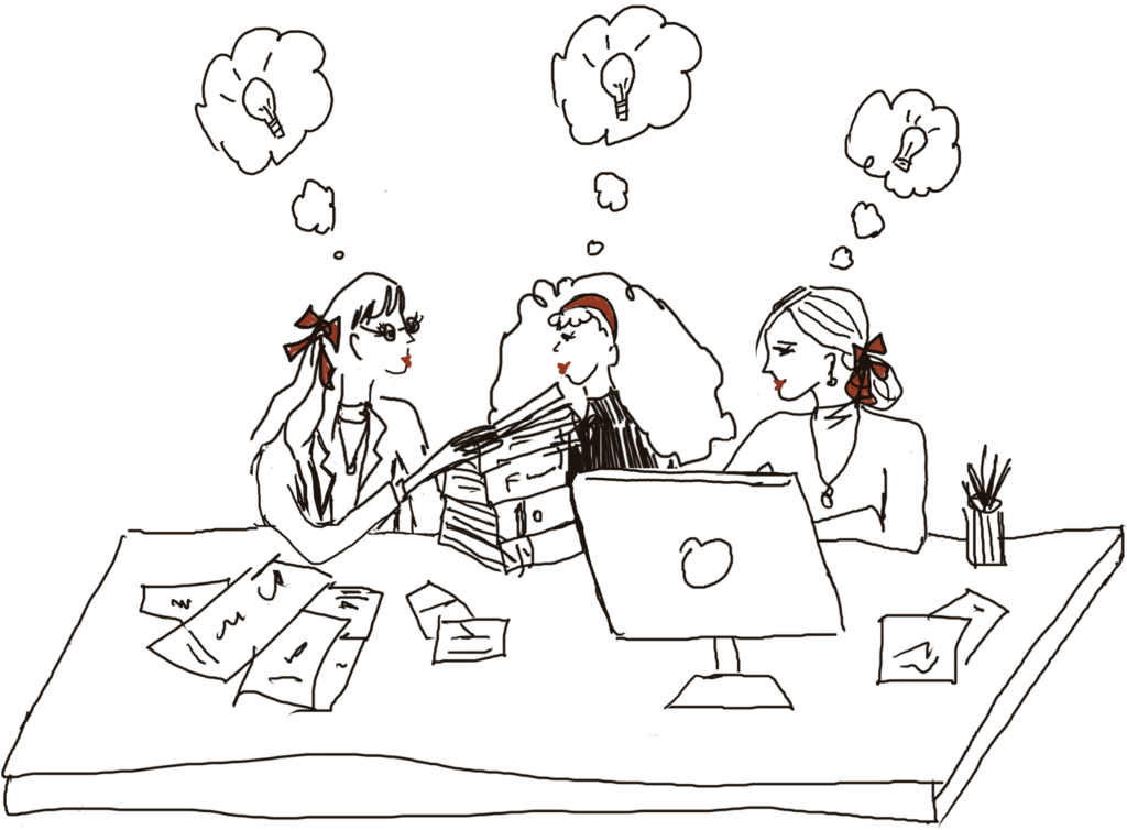 Illustration of three women collaborating at a desk with papers and a computer, sharing ideas represented by lightbulbs above them to convey brainstorming ideas.